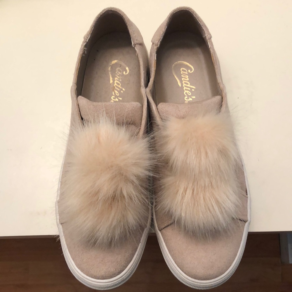 Candies Platform Fuzzy slip on suede tan/rose/cream sneakers / canvas shoes